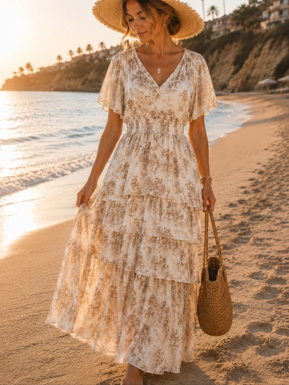 247. J.Gee Cream and Tan Floral Tiered Maxi Dress